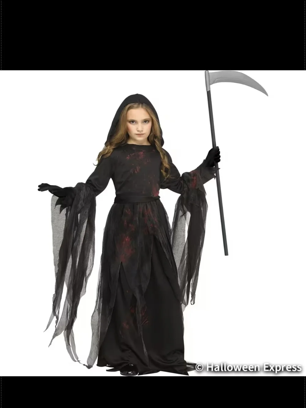Girls Black Hooded Grim Reaper Costume with Tattered Sleeves